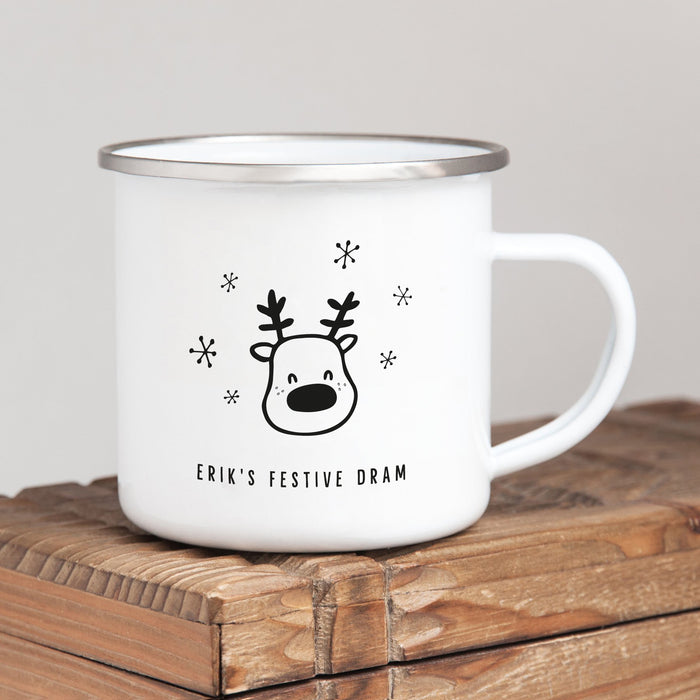 Personalised Christmas Enamel Mug Rudolph Reindeer