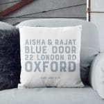Personalised New Home Contemporary Cushion | Blue, Pink, Grey Or Black