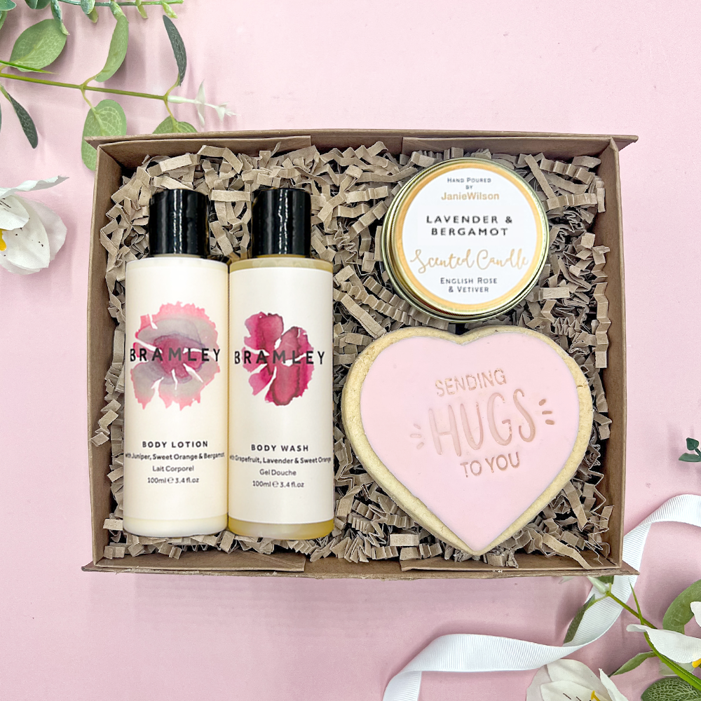 Sending hugs gift box hug in a box care package with cookie candle and cowshed pamper treats hug in a box