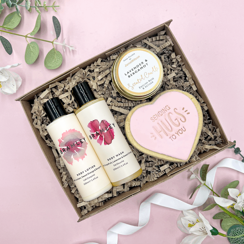 Sending hugs gift box hug in a box care package with cookie candle and cowshed pamper treats hug in a box