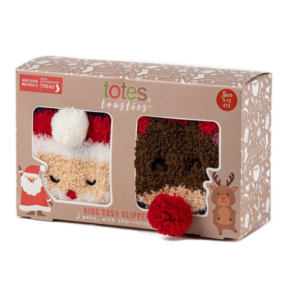 Totes Unisex Kids Cosy Slipper Socks – Stripey Reindeer & Santa