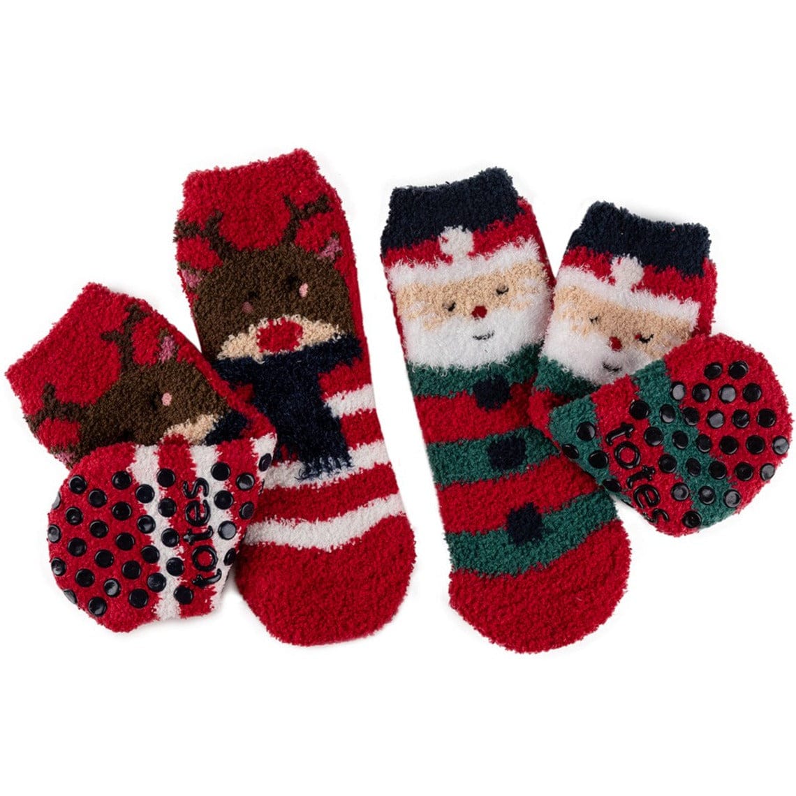 Totes Unisex Kids Cosy Slipper Socks – Stripey Reindeer & Santa