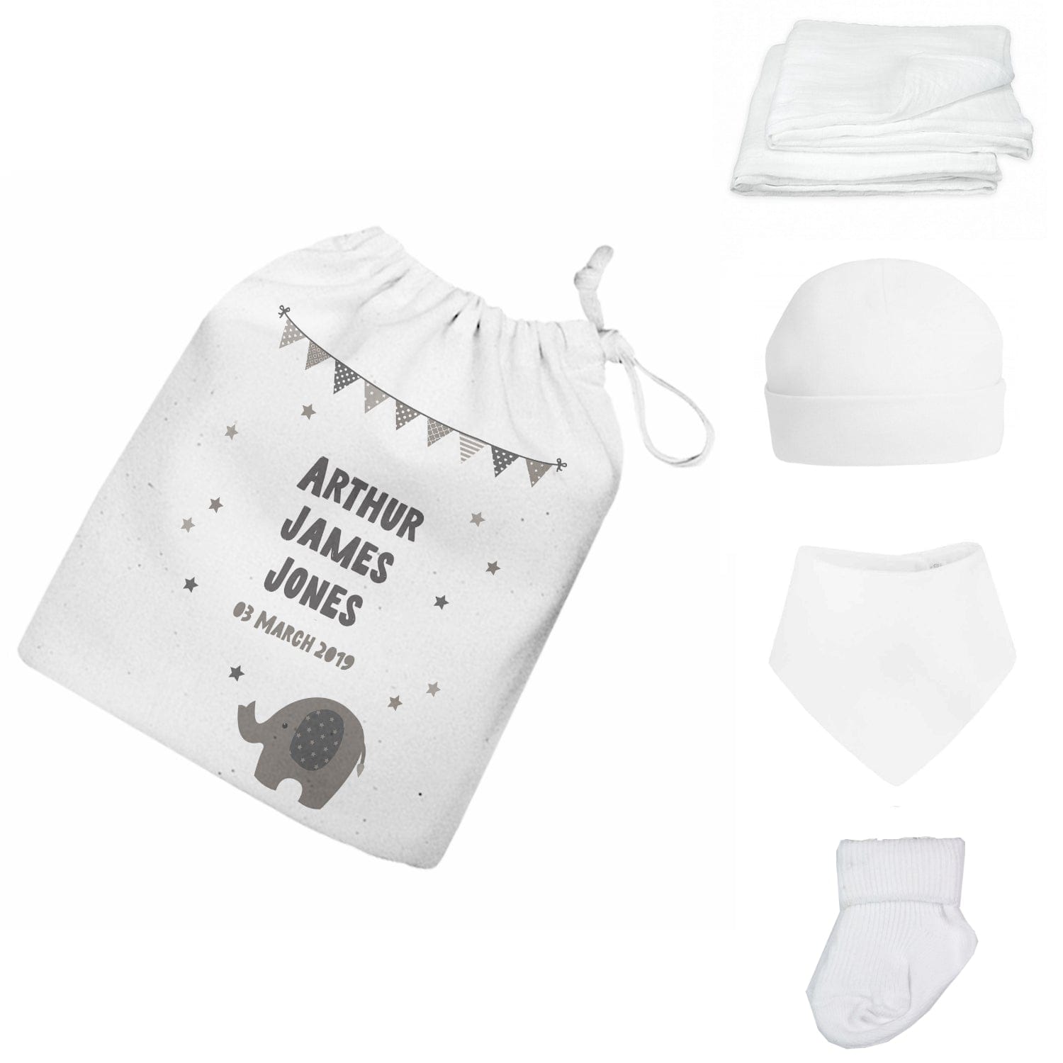 Personalised Newborn Baby Gift Set – Grey Elephant