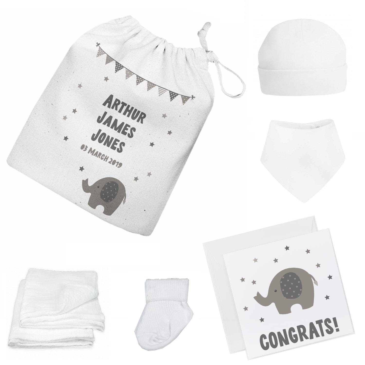 Personalised Newborn Baby Gift Set – Grey Elephant