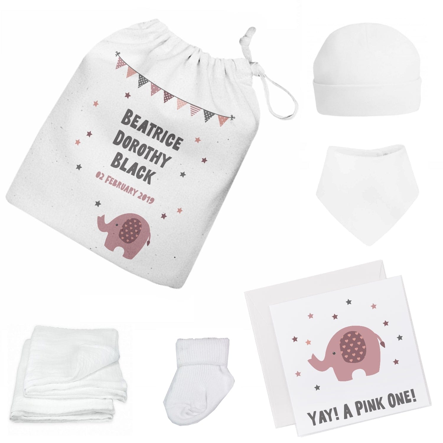 Personalised Newborn Baby Gift Set – Pink Elephant