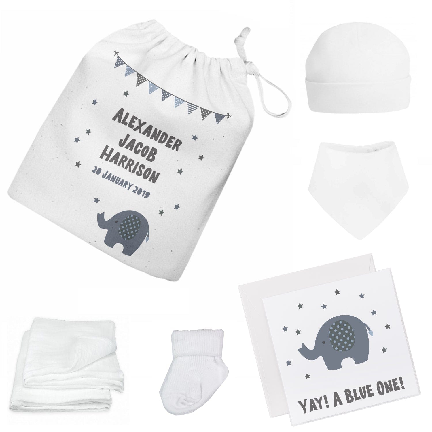 Personalised Newborn Baby Gift Set – Blue Elephant