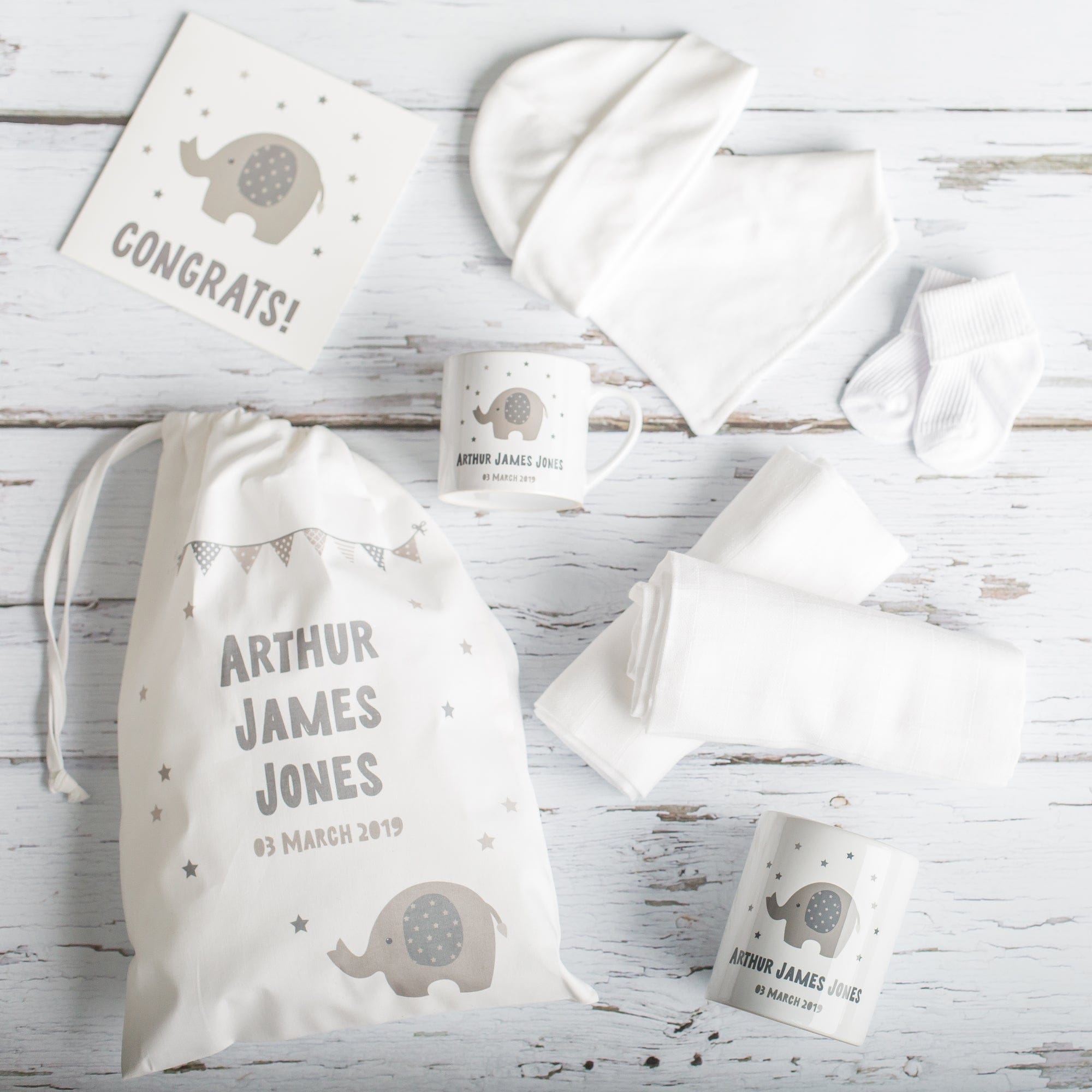 Personalised Newborn Baby Gift Set – Grey Elephant