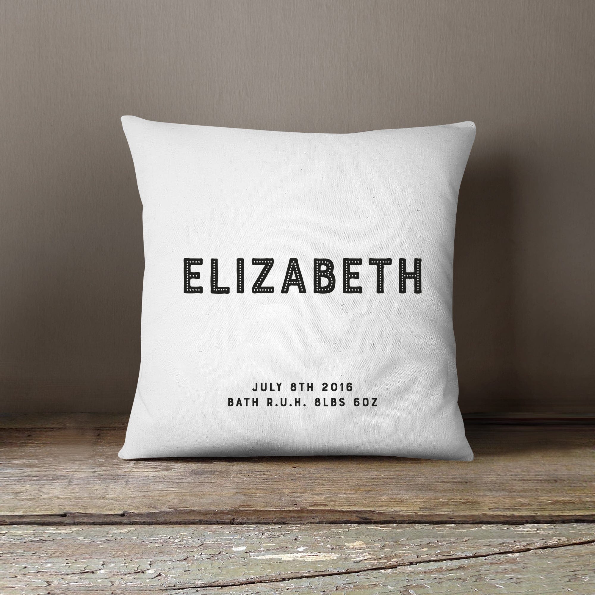 Personalised New Baby Simple Text Cushion | Blue, Pink, Grey Or Black