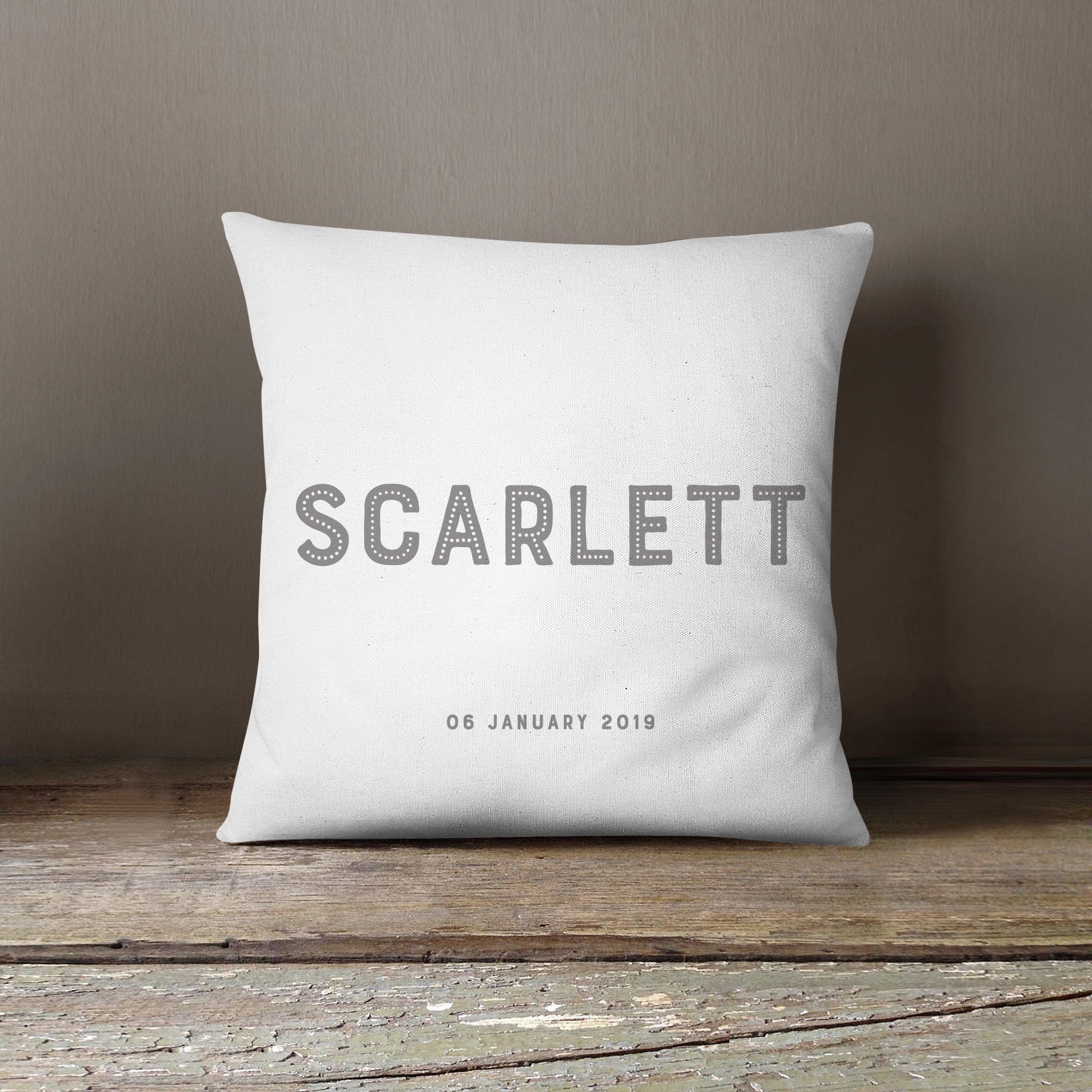Personalised New Baby Simple Text Cushion | Blue, Pink, Grey Or Black