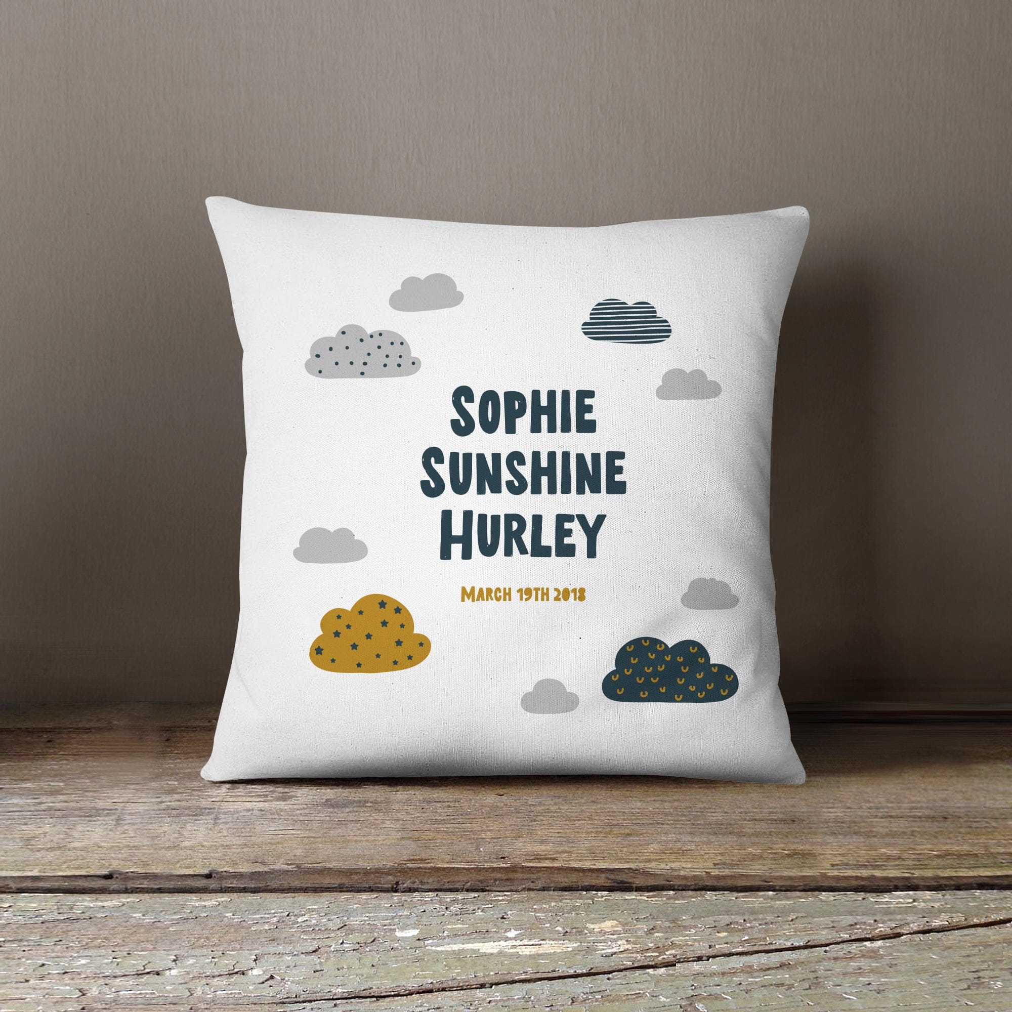 Personalised New Baby Scandi Style Cushion | Stars, Clouds, Moons or Hearts