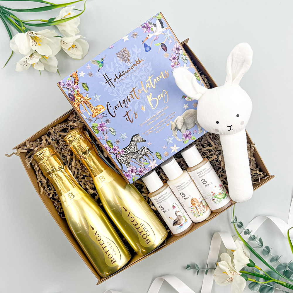 Luxury baby boy gift hamper with prosecco chocolates baby rattle and baby toiletries gift box