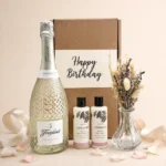 Happy Birthday prosecco gift hamper with Freixenet prosecco, Cowshed bath and body set, dried flower vase and message gift box