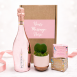 The personalised valentines heart gift hamper with Bottega rose gold prosecco, heart shaped succulent, 2 mini boxes of chocolate truffles and custom message gift box