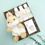 Newborn new baby gift hamper boy girl unisex. Includes a Mini bunny Palm Palm, Little B by Bramley bath and body set and sleep spray.