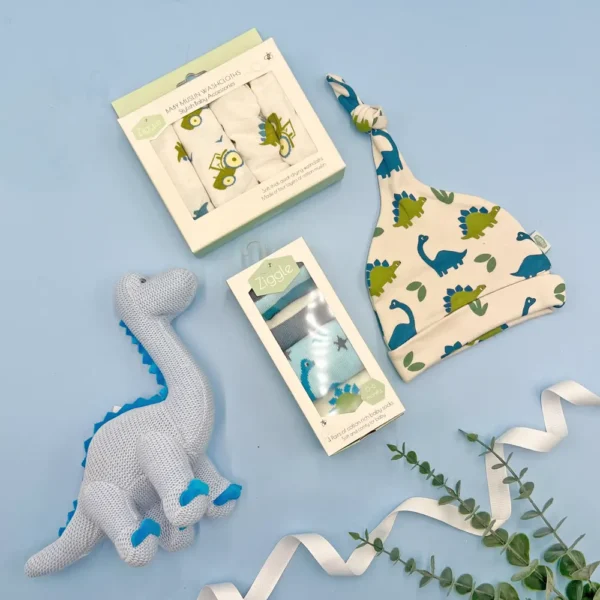 New Baby Boy Gift Hamper with Dinosaur Rattle, Baby Socks & Muslins