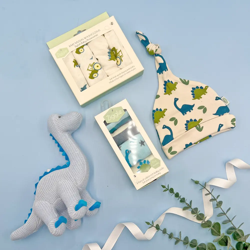 new baby boy gift hamper dinosaur rattle socks hat muslin washcloths gift box