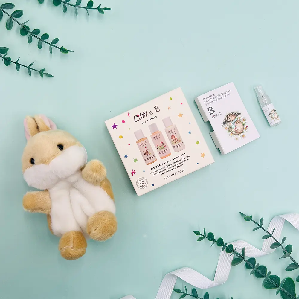 New baby gift hamper with bunny soft toy and baby toiletries