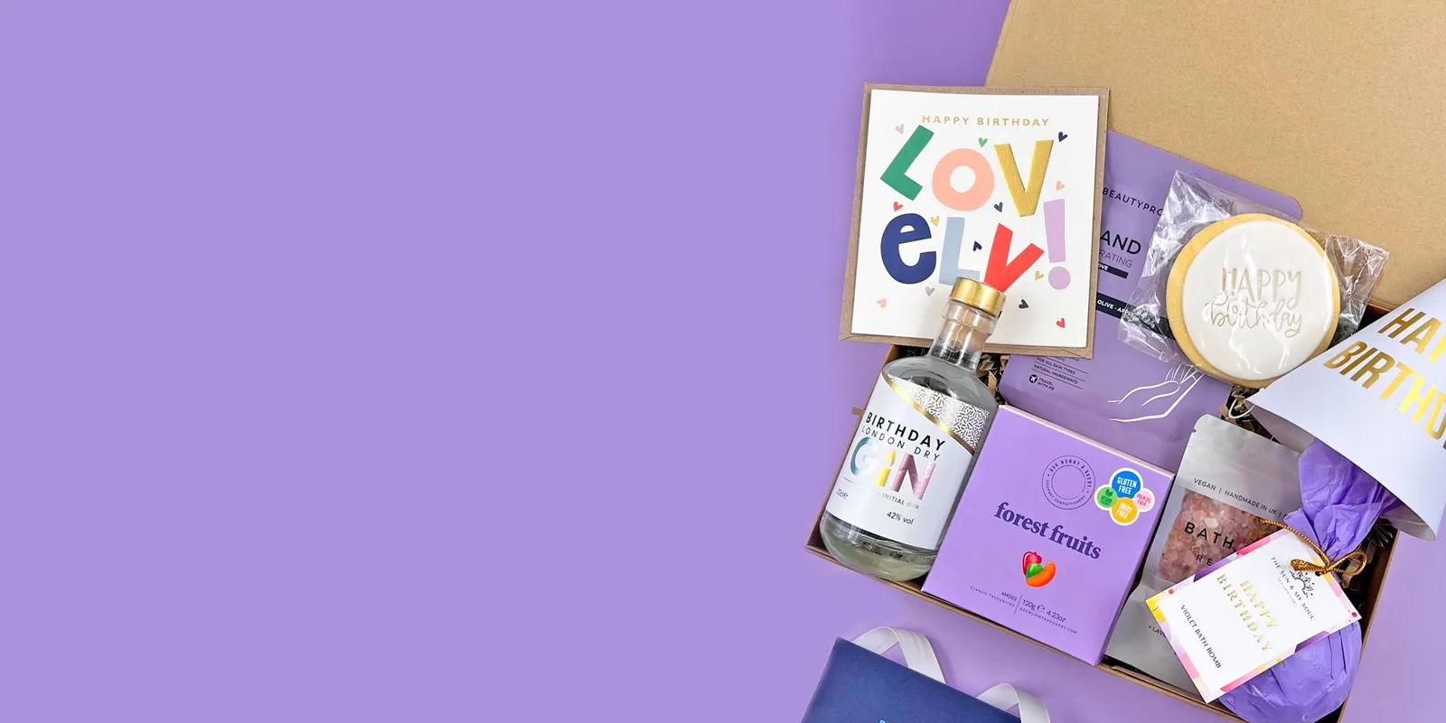 Birthday hamper for her with gin, chocolates, bath treats and birthday card