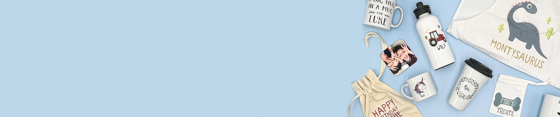 Personalised gifts including mugs, water bottles, aprons and custom name items