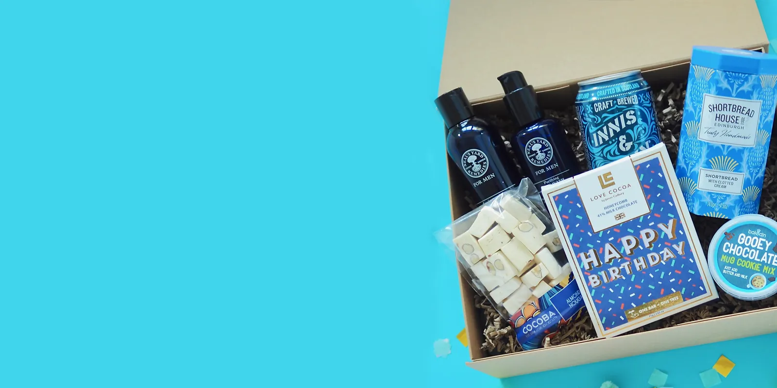 Ready made birthday hamper for him with snacks, drinks, chocolates and grooming products