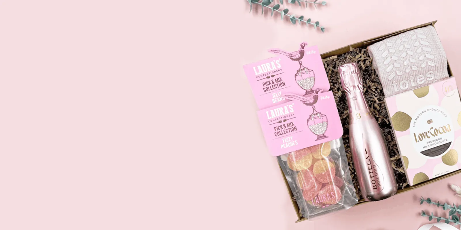 Ready made birthday hamper for her with prosecco, chocolates, sweets and pamper gifts