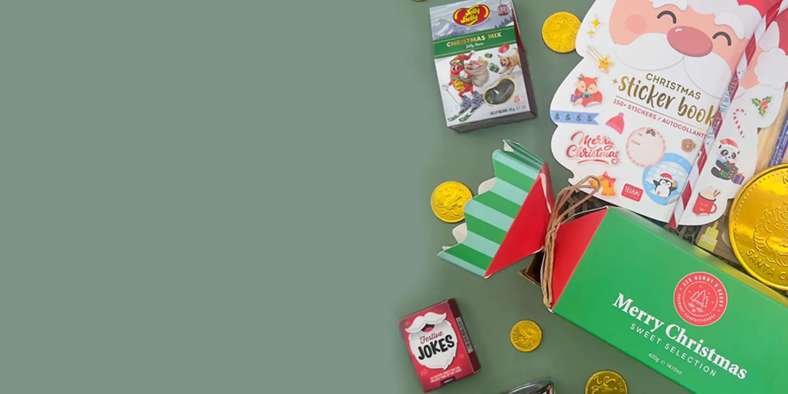 Christmas gift hamper with festive treats, chocolates and holiday gifts