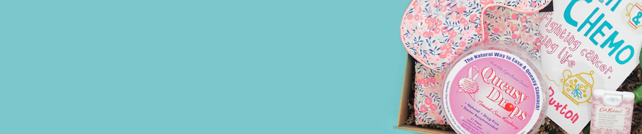 Cancer care package for her with comfort gifts, soothing items and support essentials, including Queasy drops and chemo book.