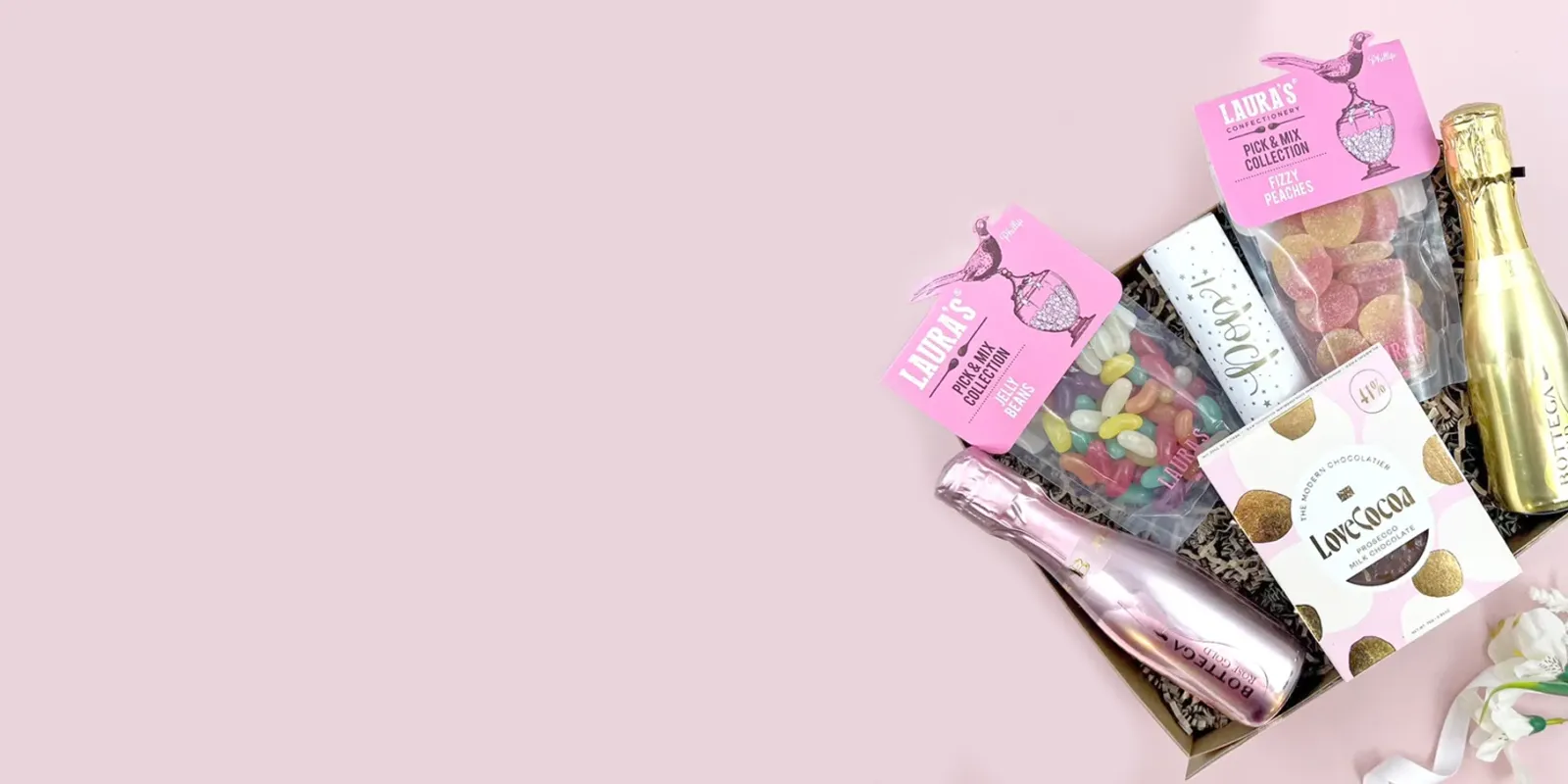 Celebration gift hamper with prosecco, sweets and chocolates for special occasions