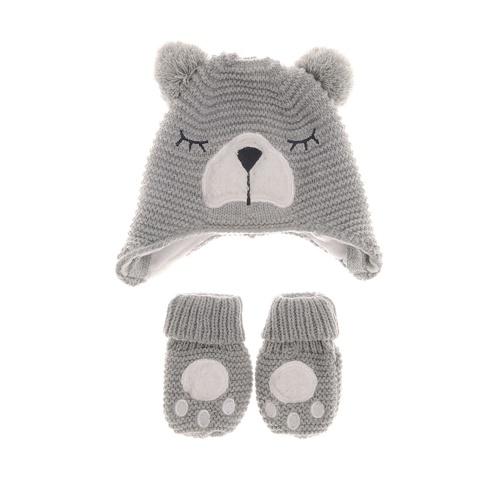 Grey Bear Woolly Hat & Mittens 0-12 Months