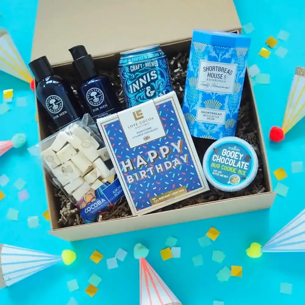 Gift boxes for him UK including snacks, drinks and thoughtful hampers.