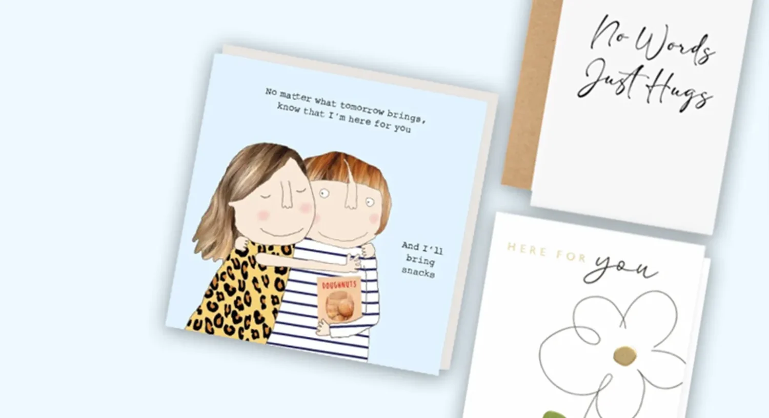 Thinking of you cards with supportive messages and soft illustrations