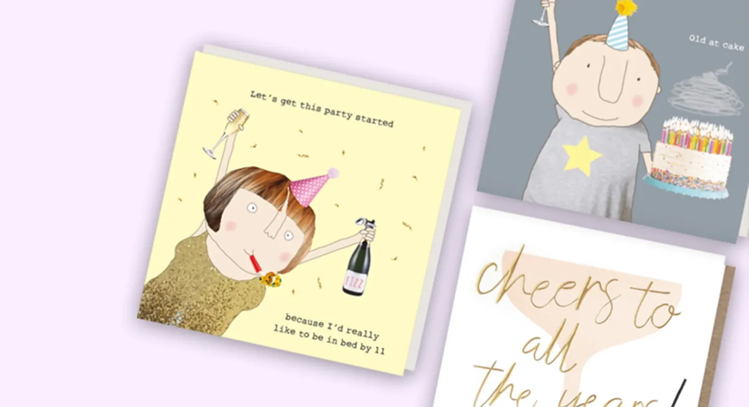 Birthday cards with illustrated characters, cake and party themes