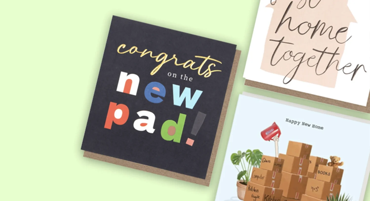 New home cards with housewarming and moving house themes