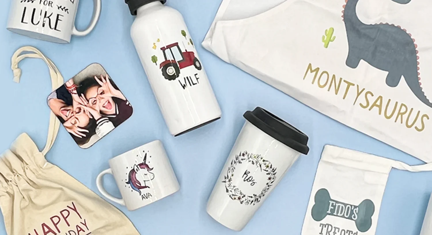 Personalised gifts including mugs, water bottles, aprons and custom name items