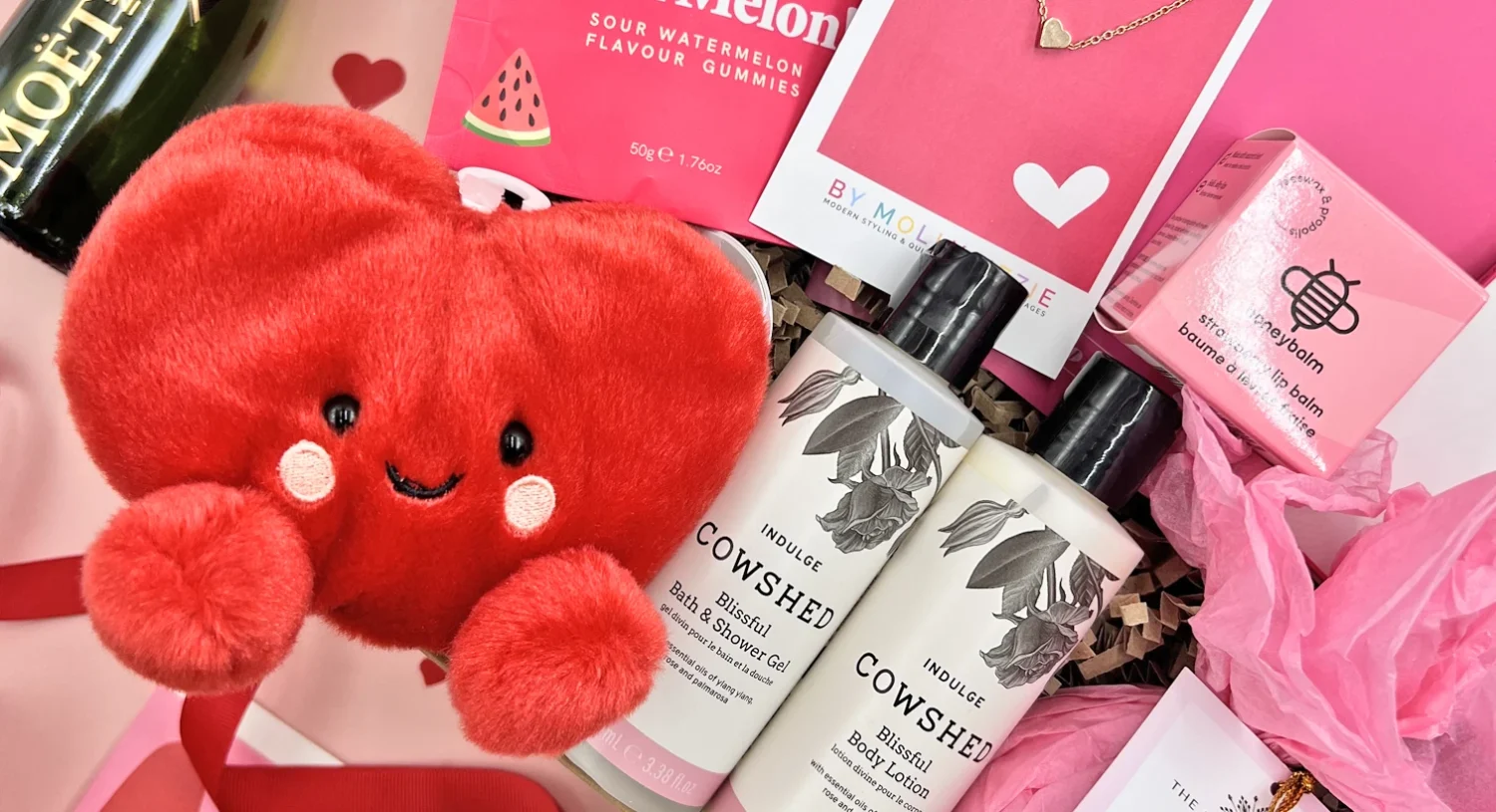 Romantic Valentine’s gift hamper with chocolates, pamper products and thoughtful gifts for her and him