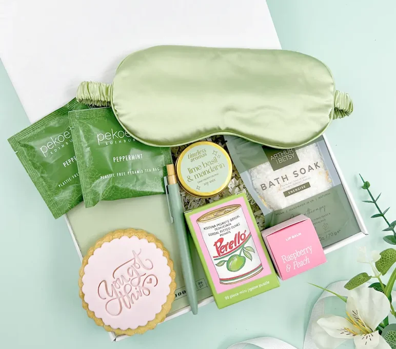 Self-care letterbox hamper with eye mask, tea, bath soak and pamper gifts