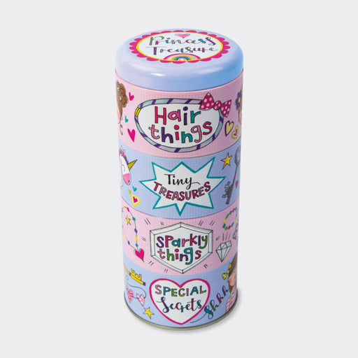Our best selling stackable storage tins consist of 4 individual tins which slot into one another with a lid on top. Brilliant for organising small bits & bobs. This Princess Treasure themed tin will hold treasures and sparkly things.