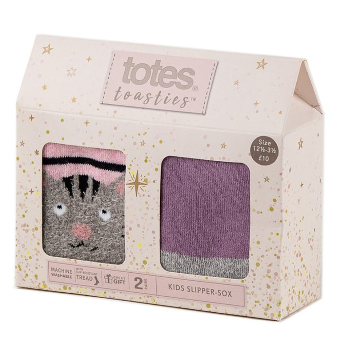 Toes Girls Slipper Socks Cats and Purple Stripes Gift Box