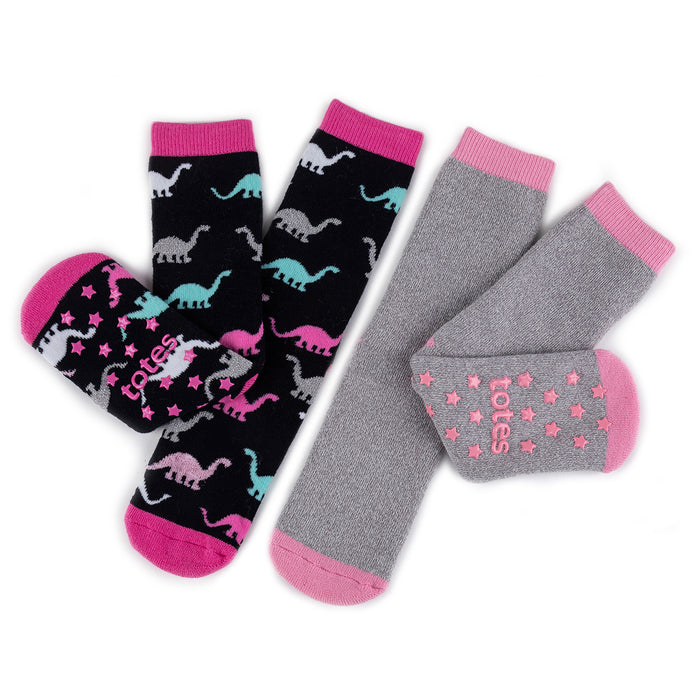 Totes Girls Slipper Socks Black Pink Grey Dinosaur