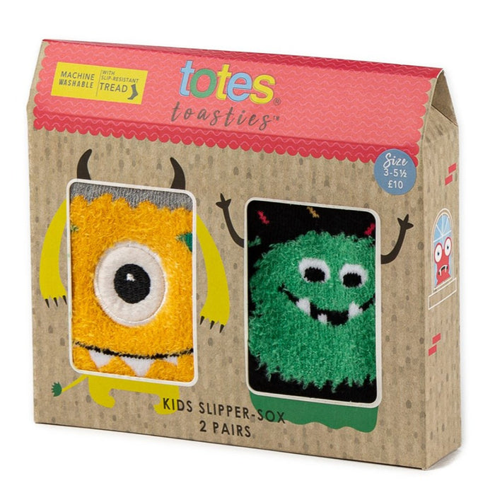 Totes Boys Slipper Socks Cute Green and Yellow Monsters