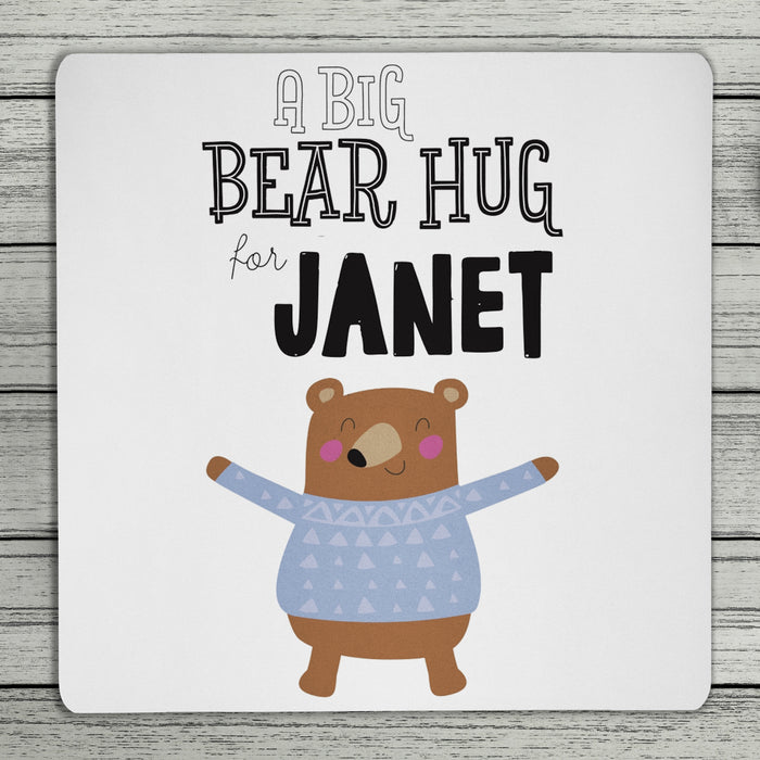 Bear Hug Personalised Name Coaster (Blue Or Pink)