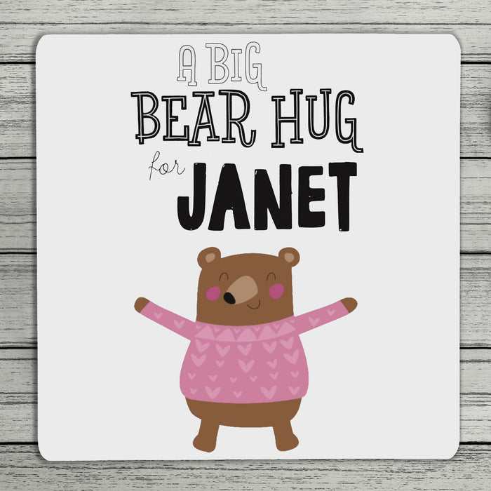 Bear Hug Personalised Name Coaster (Blue Or Pink)