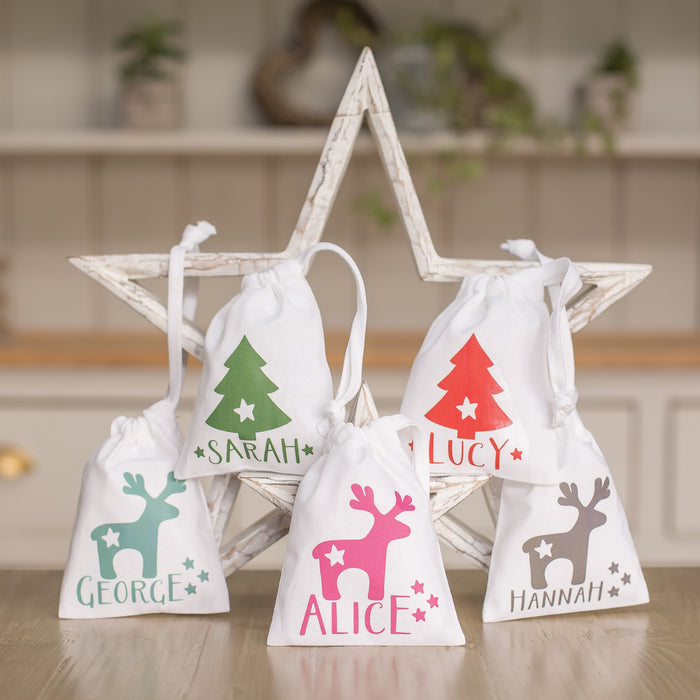 Personalised Christmas Reindeer Or Tree Treat Gift Bag - Various Colours