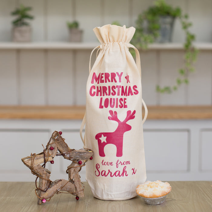 Personalised Christmas Reindeer Bottle Gift Bag