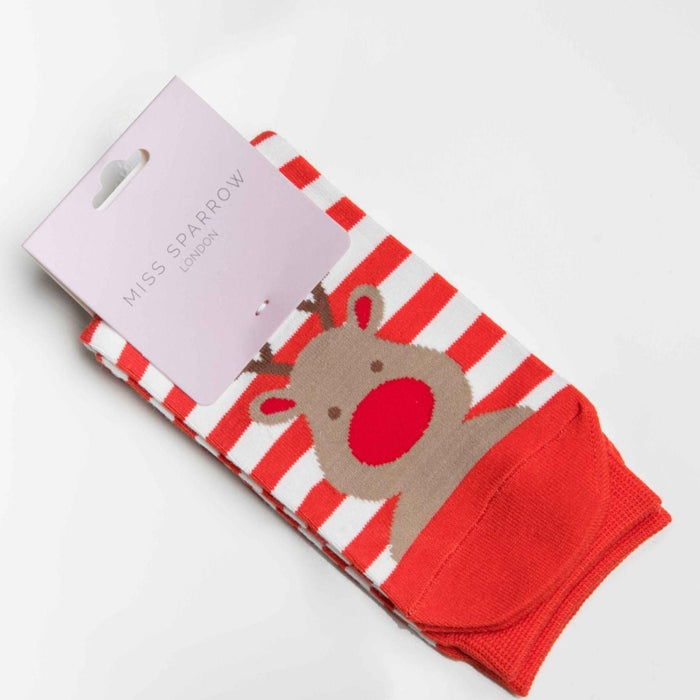 Ladies Christmas Reindeer Bamboo Socks - Red and white stripe