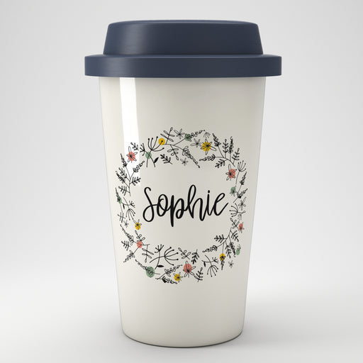 Floral Personalised Name Eco Coffee Travel Mug